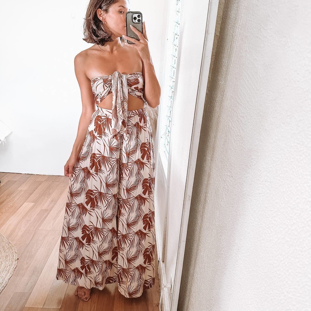 Aakaa Tropical Wide Leg Set Beige Size Small - Picture 5 of 16